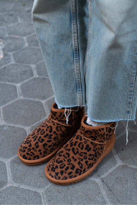 MEGI Karamell Leopard Äkta Mocka Päls Insida Boots