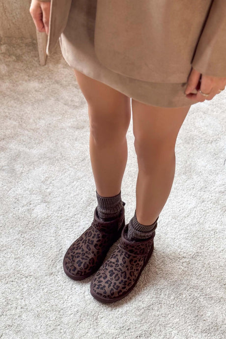 MEGI Brun Leopard Äkta Mocka Päls Insida Boots