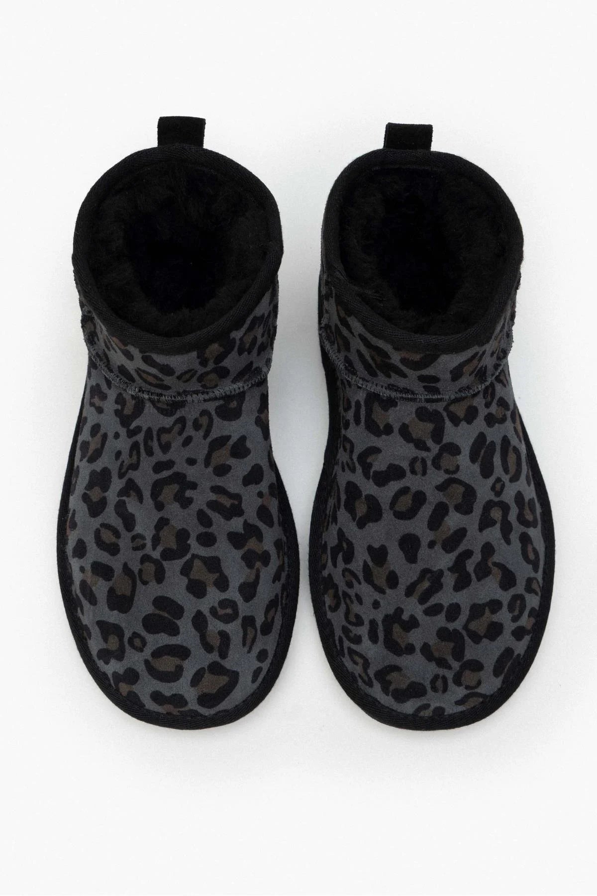 MEGI Svart Leopard Äkta Mocka Päls Insida Boots